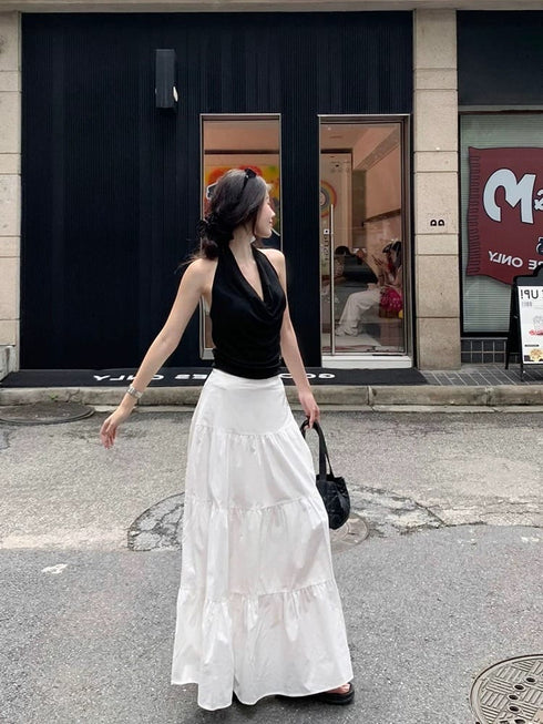 Women Backless Halter Neck Cowl Neckline Tops